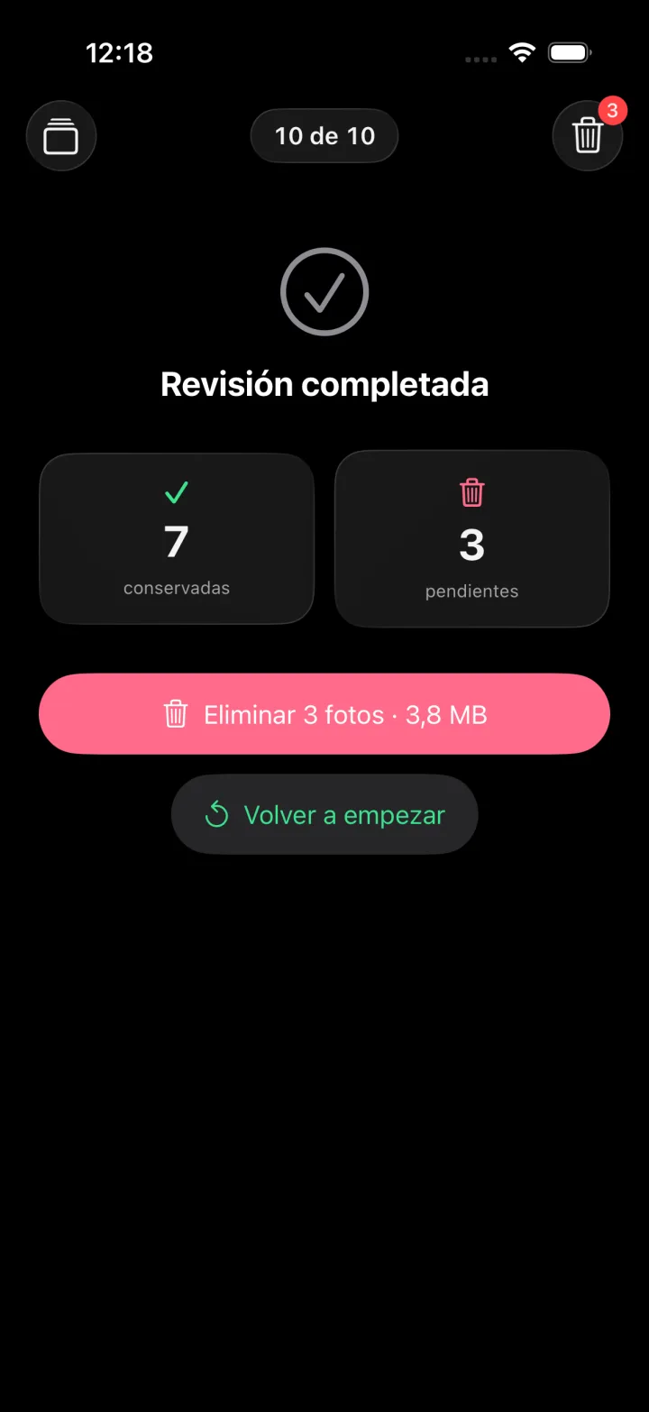 Resumen de Criba: revisión completada, 7 conservadas, 3 pendientes y botón Eliminar 3 fotos · 3,8 MB